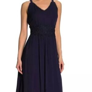 Nina Leonard Size L Sleeveless Lace Trim Maxi Dress Navy NWT